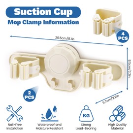 Sekonow 2 Pack Broom Holder Mop Hanger Wall Mount - Strong Suction Cup Mop and Broom Organizer with Hooks, Space Saving Removable Rack for Laundry Room Garden Garage (Beige)