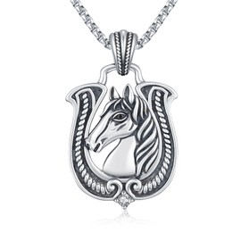 Lfkk Horseshoe Horse Necklace Sterling Silver Hose Shoe Pendant Lucky Western Jewelry Gifts for Men Women with 22"+2" Rolo Chain