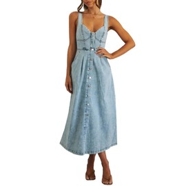 cffvdiz Women's Sexy Strap Maxi Denim Dress Summer Sleeveless Halter Bodycon Maxi Dresses,Light Blue,S