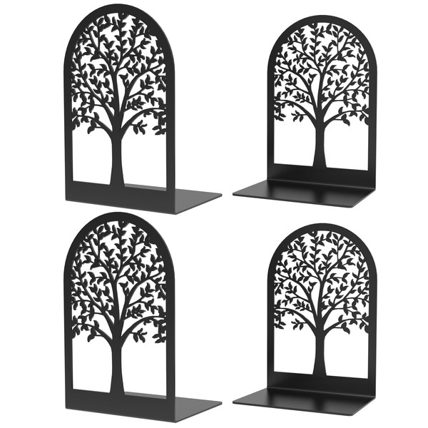 Book Ends, Bookends, Tree Book Ends for Shelves, Modern Book Ends Decorative, Metal Bookends for Heavy Books, Heavy Duty Bookend Book Holder for Home Office, 7.1 x 4.7 x 3.5”(2 Pairs/4 Pcs, Large)