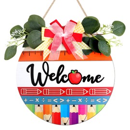 TOARTi Wooden Welcome Sign for Classroom Welcome Signs for School Bulletin Board Back to School Door Sign Colorful Classroom Wreath Hanging Plaque Back to School Front Door Decor 11.4”x11.4”