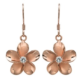 Honolulu Jewelry Company 14K Rose Gold Plated Sterling Silver CZ Plumeria Flower Nature Hook Earrings, 14mm