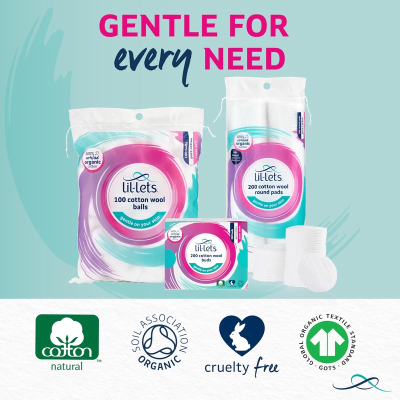 Lil-Lets Cotton Wool Round Pads, 200 Count, Certified Organic, 100%
