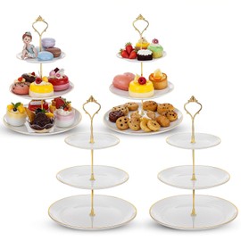 Grevosea 4 Pack Tiered Cupcake Stand, Plastic Cupcake Stand Tower 3 Tier Round Shape Dessert Serving Tray White Cookie Candy Buffet Stands for Tea Party Baby Shower Wedding Birthday