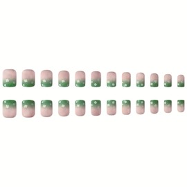 St.Patrick’s Day Fake Nails Short Square Press On Nails Green Shamrock False Nails Acrylic Nails Press Ons French Tip Glue On Nails Giltter Designs Reuseable Stick On Nails for Women 24Pcs