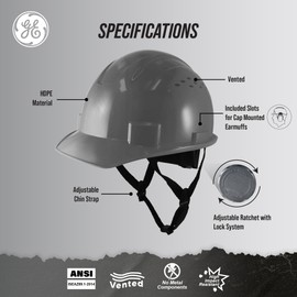 GE Cap Style Hard Hat, 4-Point Ratchet Suspension, Earmuff Slots, High Impact Resistant, Sweat-Wicking Sweatband, Meets ANSI Z89.1-2014, Comfortable, Durable, and Protective - Gray, Vented