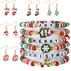 Abitoncc Christmas Bracelets Earrings Set Friendship Preppy Stackable Heishi Bracelets for Women Xmas Tree Earrings Bulk Holiday Colorful Strech Christmas Jewelry