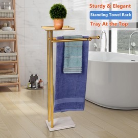Sfemn Standing Towel Rack with Tray at The Top, Freestanding Bath Towel Holder with Extendable Rods for More Hanging Space, Heavy Marble Base Towel Holder Stand for Bathroom, Stainless Steel (Gold)