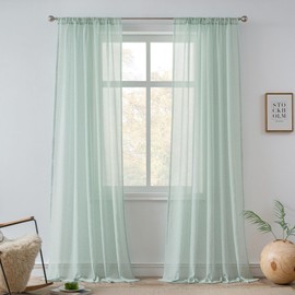 FMFUNCTEX Linen Sheer Curtains for Bedroom, Sage Green Curtains 84 inches Long for Living Room, Farmhouse French Flax Blend Window Draperies, Rod Pocket 2 Panels Set