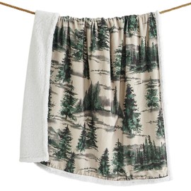 Indigo Hill by HiEnd Accents Joshua - Mantas de Tiro Sherpa, Estampado de Pinos del Bosque Naturaleza Bosque Montaña Manta Occidental para Acampar al 