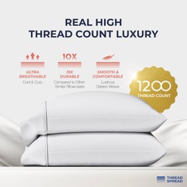 Thread Spread 100% Egyptian Cotton Pillow Cases Standard/Queen Size Set of 2 - Luxury 1200 Thread Count Sateen White Pillow Cases, Silky Soft Cotton Pillowcases Fits Standard & Queen Size Pillows