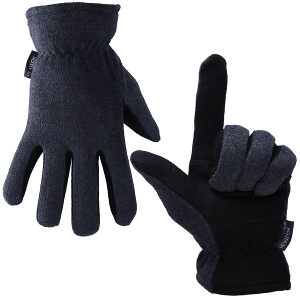 OZERO Deerskin Suede Leather Palm and Polar Fleece Back with Heatlok Insulated Cotton Layer Thermal Gloves, Medium - Grey-Black