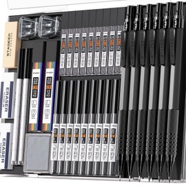STAGEEK 6pcs Art Metal Mechanical Pencil Set with 3 Art Drafting Pencils (0.5, 0.7, 0.9MM) & 3 Mechanical Drawing Pencils (2MM), 384 Leads (6B, 4B, 2B, HB, 2H, 4H, Color) for Writing, Sketching,