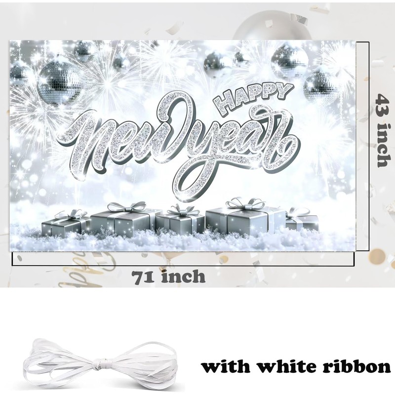 Happy New Year Banner 71 x 43 Inch, Silver Glitter