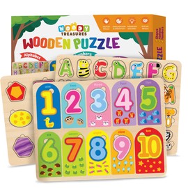Woody Treasures Wooden Puzzles - 3-Piece Set Educational Toys for Toddlers 3 Years & Up - ABC Puzzle Includes Alphabet, Numbers & Shapes - Colourful and Fun Toys for Boys & Girls