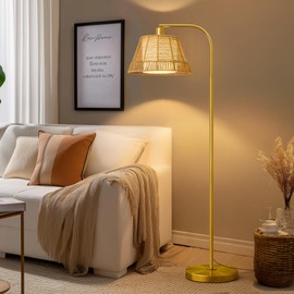 Oneach Arc Floor Lamp for Living Room,Rattan Boho Floor Lamp with Hand-Woven Wicker & Fabric Shade, Foot Switch,Gold Metal Base & Pole,Farmhouse Standing Lamp for Bedroom Corner,Office,Reading