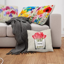 Watercolor Floral Pillow Covers 18x18, Outdoor PinkTulip Daisy Flowers Cushion Covers for Sofa Couch Porch Farmhouse Home Decoration