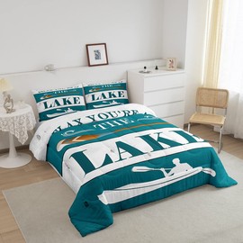 Lake House Bedding Sets Rustic Farmhouse Wood Stripes Comforter Set 3pcs for Kids Girls Boys Adults Home Room Decor,White Turquoise Stripes Quilted Duvet Boat Paddle Duvet Insert King Size