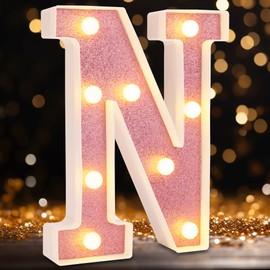 DyingSwan Led Light Up Letters, Pink Marquee LED Letter Lights 26 Alphabet, Small Pink Lighted Letters, Battery Powered Glitter Letters with Lights for Party, Table, Wall Decor（Letter N