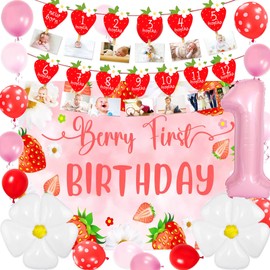 JeVenis Berry First Birthday Decor Strawberry 1st Birthday Decorations for Girls 12 Months Photo Banner Strawberry Theme Backdrop Berry Sweet One Banner