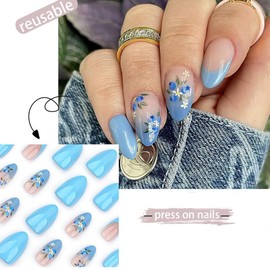 French Tip Press on Nails Short Almond Fake Nails Blue Gradient Acrylic Nails Fresh Flowers False Nails with Solid Color Designs Natural Full Cover Stick on Nails for Women Girls 24Pcs