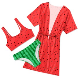 ACOCOPY Girls Bathing Suit 3 Piece Red Watermelon Print Swimsuits Kids Quick Dry Beach Bikini Sets with Cover-Up Size 5-6