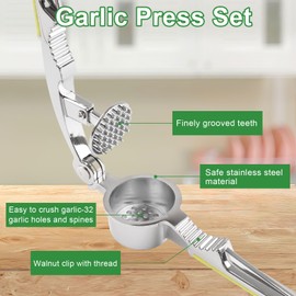 Deepton Knoblauchpresse, 2 In 1 Multifunktional Garlic Press, Knoblauchpressen Edelstahl, Knoblauchschneider Mit Schälhilfe Und Bürste, Knoblauchpresse Spülmaschinenfest Für Knoblauch Nussbaum