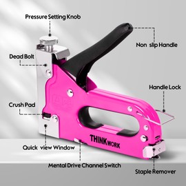 THINKWORK Upholstery Staple Gun, 4 in 1 Pink Staple Guns/Home Use with 3000 Staples, Heavy Duty with Remover for Wood, Cable, Fabric, Wall, Material Repair, DIY Manual Stapler