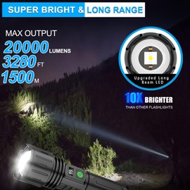 Rechargeable LED Flashlights High Lumens,20000 Lumens &1500 Meters Super Bright Rechargeable Tactical Flashlight with 5 Modes,Waterproof,Powerful Handheld Flash Light for Emergencies,Camping 2PACK