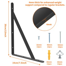 Heavy Duty Shelf Brackets 12 x 8 inch, 6 Pack Wall Shelf Brackets with 90 Degree Triangle, Black Metal L Brackets, Shelves L Brackets(300x190mm)