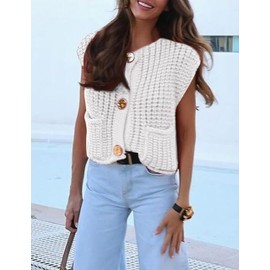 AICHARMWA Women's Sleeveless Knit Vest Button Down Casual Cropped Crochet Sweater Cardigan with Pockets(016-White-M)