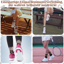 Zidoley 4 Pack Ladies Leopard Print Tennis Socks Size 6-8 Leo Sports Running Socks Crew Socks with Stripes Tear Resistant & Breathable