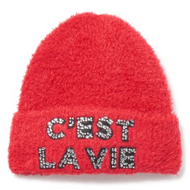 Karl Lagerfeld Paris Women's C'est Lav Ie Embroidered Fur Beanie, Crimson