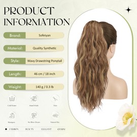 Sofeiyan Ponytail Hairpiece with Drawstring, Wavy Curly Ponytail Extension, 45 cm, Beach Ponytail Braid Extension, Synthetic Hairpiece for Women
