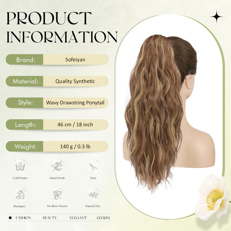 Sofeiyan Ponytail Hairpiece with Drawstring, Wavy Curly Ponytail Extension, 45