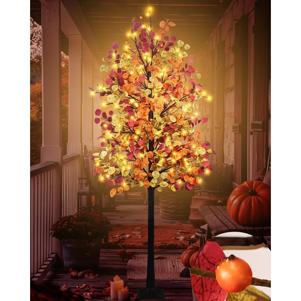 Dehoxara 7FT Lighted Fall Eucalyptus Tree Artificial Autumn Tree 128