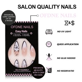 Ombre Press on Nails Long Almond OFDNE Black French Tip Fake Nails Nude White False Nails with Flower Leaves Designs Glossy Glue on Nails Gradient Acrylic Nails for Women Girls 24 Pcs