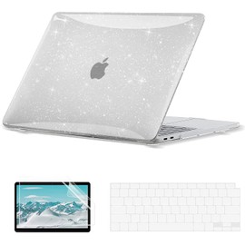 EooCoo Glitter Hard Case Compatible with MacBook Air 13 inch M1 Chip 2021-2018 with Retina Display, Air 13.3 inch Plastic Protective Case + Keyboard Cover + Screen Protector, Sparkly Clear