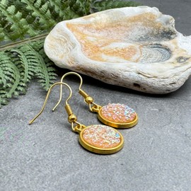 Sandy Beige Druzy Resin Earrings - Elegant Shimmery Round Charm Beads on Nickel Free Gold Colour Hooks : 35mm