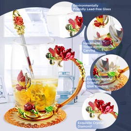 WD&CD Rose Butterfly Glass Tea Coffee Cups Mugs with Spoon and Coaster, Gifts for Her Girlfriend Wife Mum Women on Christmas Valentine's Day Mother's Day Anniversary, Red Tall