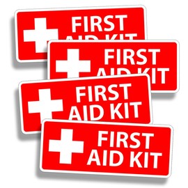 (4) Sign First aid kit red 3x1 inches Lunch Box Funny Vehicle Safety Warning Rules Bumper Sticker car Window Truck Water Bottle Flask - Made and Shipped in USA