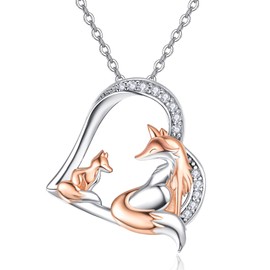 TANGPOET Fox Heart Pendant Necklace for Women Mom 925 Sterling Silver Mother Daughter Fox Jewelry Gifts for Birthday Christmas Anniversary Valentines Mothers Day