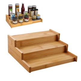 Wisebom 3-Tier Spice Rack Spice Holder Bamboo Extendable Practical Spice Rack Expandable Bamboo Spice Rack for Kitchen Cabinet