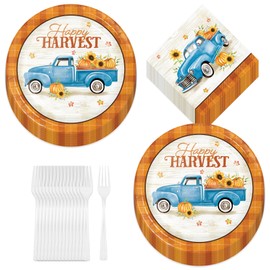 Fall Party Supplies - Autumn Harvest Truck & Orange Plaid Dinner Plates, Lunch Napkins, and Forks (Serves 16)