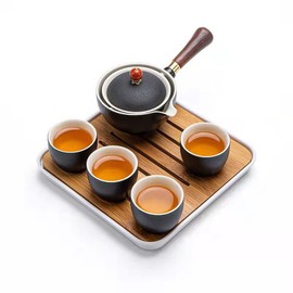 Scizorito Ceramic Portable Travel Tea Set, Chinese Kungfu Tea Set with 360 Rotation Teapot and Infuser, 4 Tea Cups, Tea Tray And Travel Bag (Black)