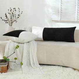 Qanatmz White and Black Luxury Decorative Throw Pillow Covers Patchwork Textured Boucle Long Lumbar Couch Pillowcase for Home Living Room Decor Cushion Cases, 1 Pack, 14 x 36 Inches