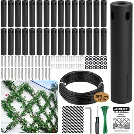 Wire Trellis for Climbing Plants Outdoor, 30-Set Black ABS Plastic Wall Wire Trellis Kit with 1/8" x 98ft Vinyl Coated Cable, Stainless Steel Cable Espalier System for Garden Fence