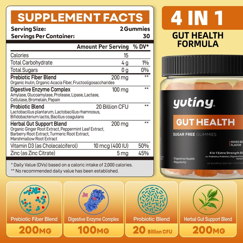 Yutiny Prebiotics Probiotics & Digestive Enzymes Gummies, Gut Health Supplement