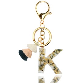 VOTACOS Initial Keychain Cute Letter Key Chain Backpack Accessories White Bag Charms for Women with Tassel Green Leaf Design-Letter K