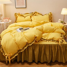 GETIYA Yellow Plain Bed Linen, 135 x 200 cm, Romantic Bed Linen with Ruffles, Women's, Girls' Bed Linen with Bow, Soft Microfibre Duvet Cover, Single Bed with 1 Pillowcase 80 x 80 cm